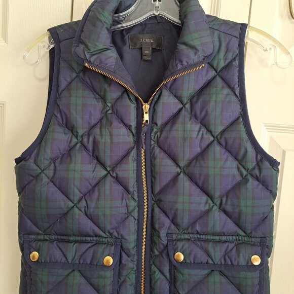J Crew Vest Women's XXS Sleeveless Plaid Full Zip Down-Fill Quilted Blue Green - Picture 3 of 8